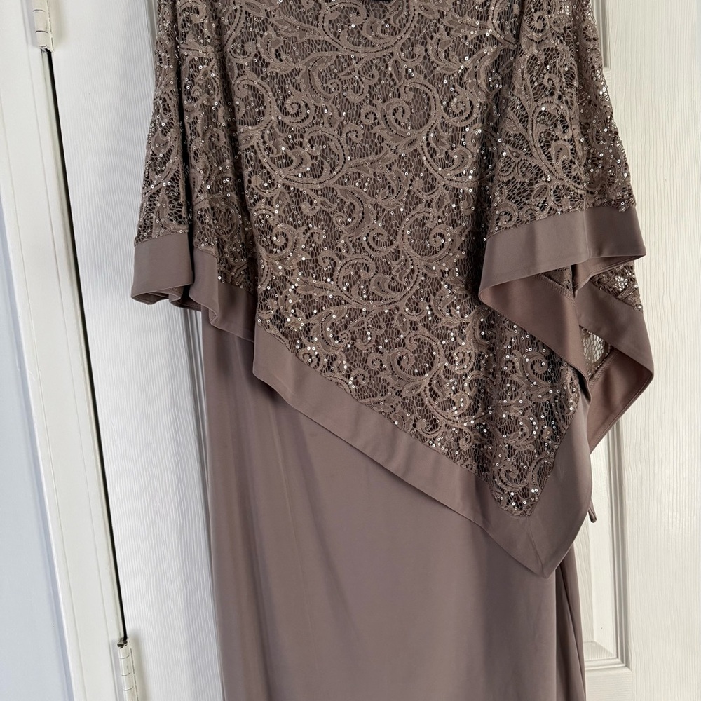 R&M Richards Asymmetrical Lace Dress in Taupe